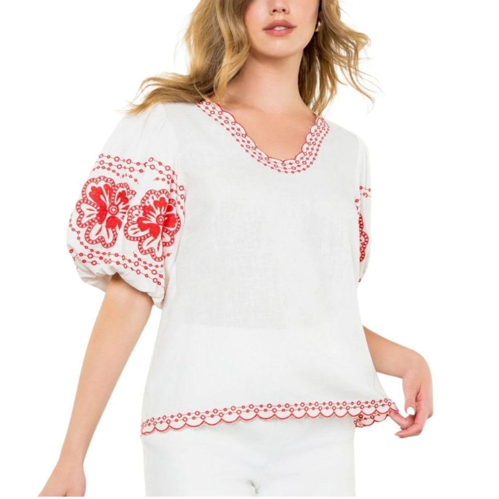 THML White & Red Embroidered Blouse – Size Large
